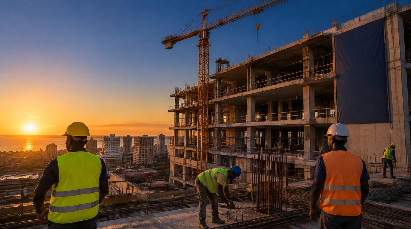 Obra de construção do Grupo Kukhula em Maputo ao pôr do sol